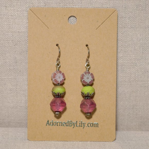 Hand Crafted Handmade Earrings Pink & Green Czech Glass Flower Earrings - Picture 2 of 5